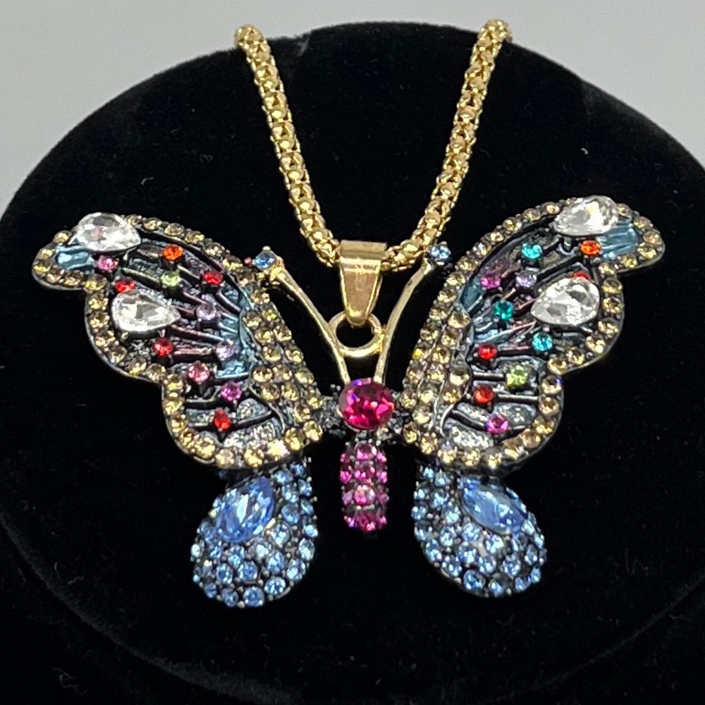 Betsey Johnson Jeweled Butterfly Necklace with Braided, Gold Tone Chain.